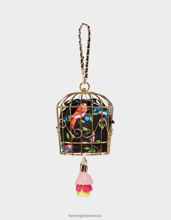 Women Kitsch Bird Is The Word Cage Dancer Wristlet Black Multi Betsey Johnson Accessories JHZ8F230
