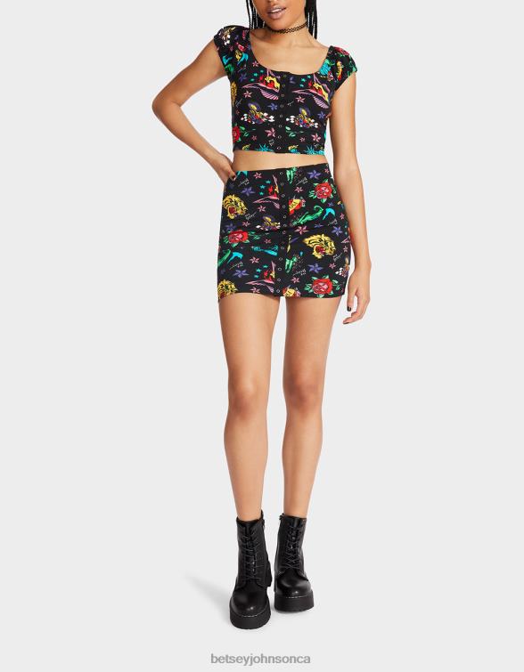 Women 80Th Bash Snap Front Mini Skirt Tattoo Tattoo Pri Betsey Johnson Clothing JHZ8F288