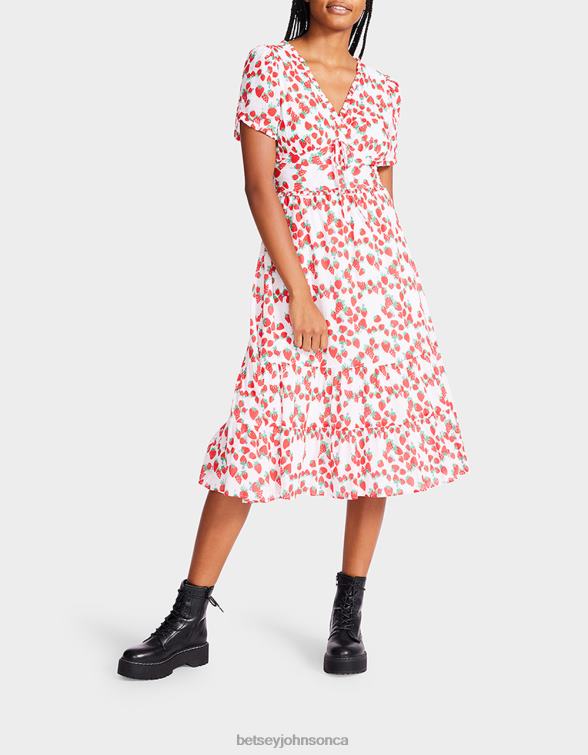 Women Strawberry Fields Cotton Voile Midi Dress White Betsey Johnson Clothing JHZ8F302