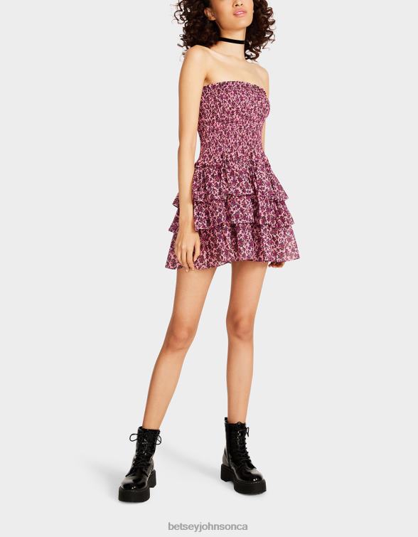 Women Vintage Ditsy Floral Strapless Mini Dress Pink Betsey Johnson Clothing JHZ8F294