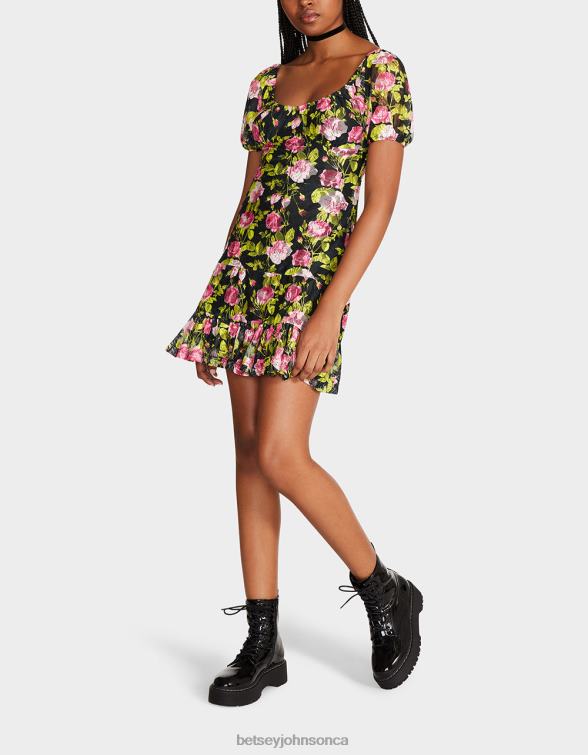Women Vintage Floral Mini Dress Black Betsey Johnson Clothing JHZ8F282